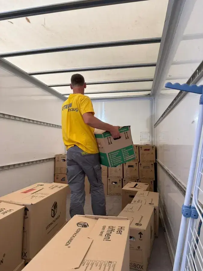 Umzugshelfer positioniert einen Karton im LKW-Laderaum